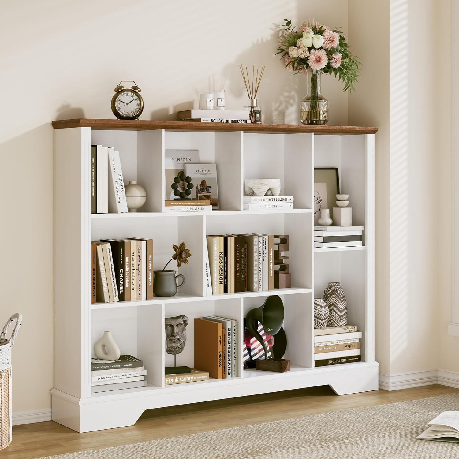 10 Cube Storage Bookcase, Modern 3-Tier Wooden Storage Organizer Open Bookshelf with Base for Living Room, Bedroom, Home Office