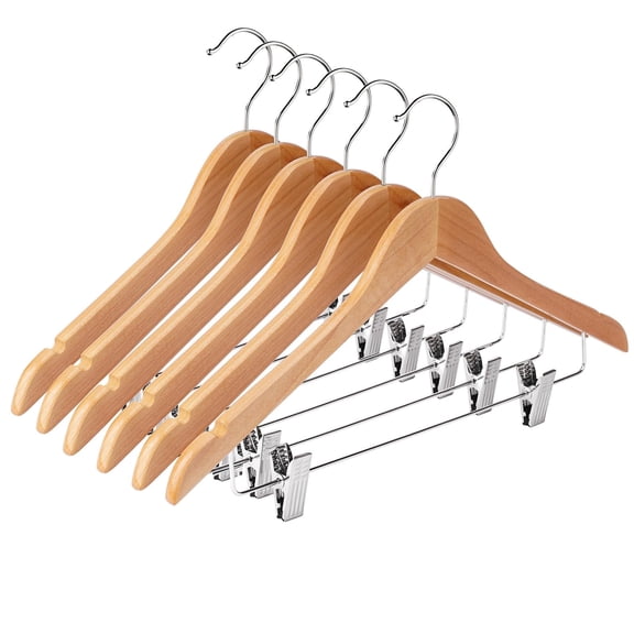 Solid Wood Hangers with Movable Clips for Pants Skirts Jeans, 12 Pack Heavy Duty Non-Slip Garment Hanger, Closet Storage Solution, Brown