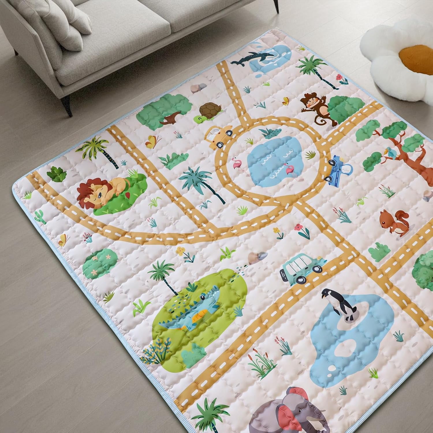 Baby Mat for Floor, Non-Slip 50x50 Mat, Thick One-Piece Crawling Mat, Infants mat Foldable and Machine Washable for Boys (Animals)