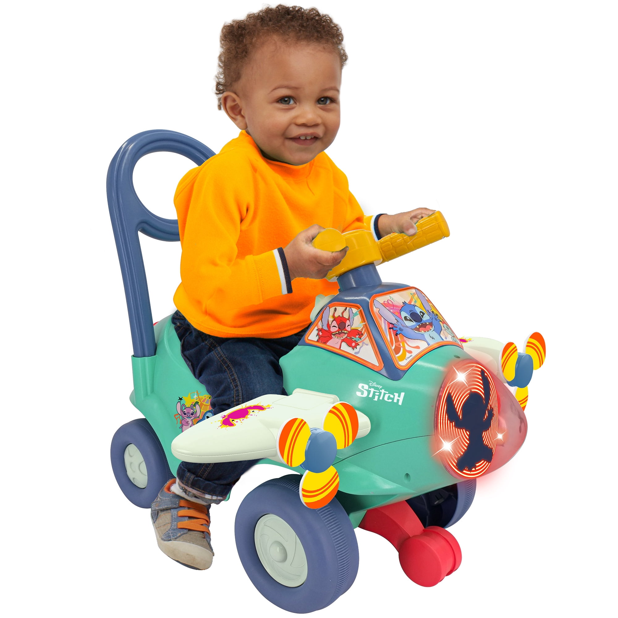 Kiddieland: Animated Lights Activity Plane - Stitch - Disney Lights-Sounds Foot-To-Floor Vehicle, Interactive Steering Wheel, Handle, Toddlers 12-36mo