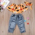 thumbnail image 3 of Franhais Toddler Girls Halloween Clothes Sets, Off Shoulder Tops+Hole Denim Pants+Cute Headband, 3 of 7