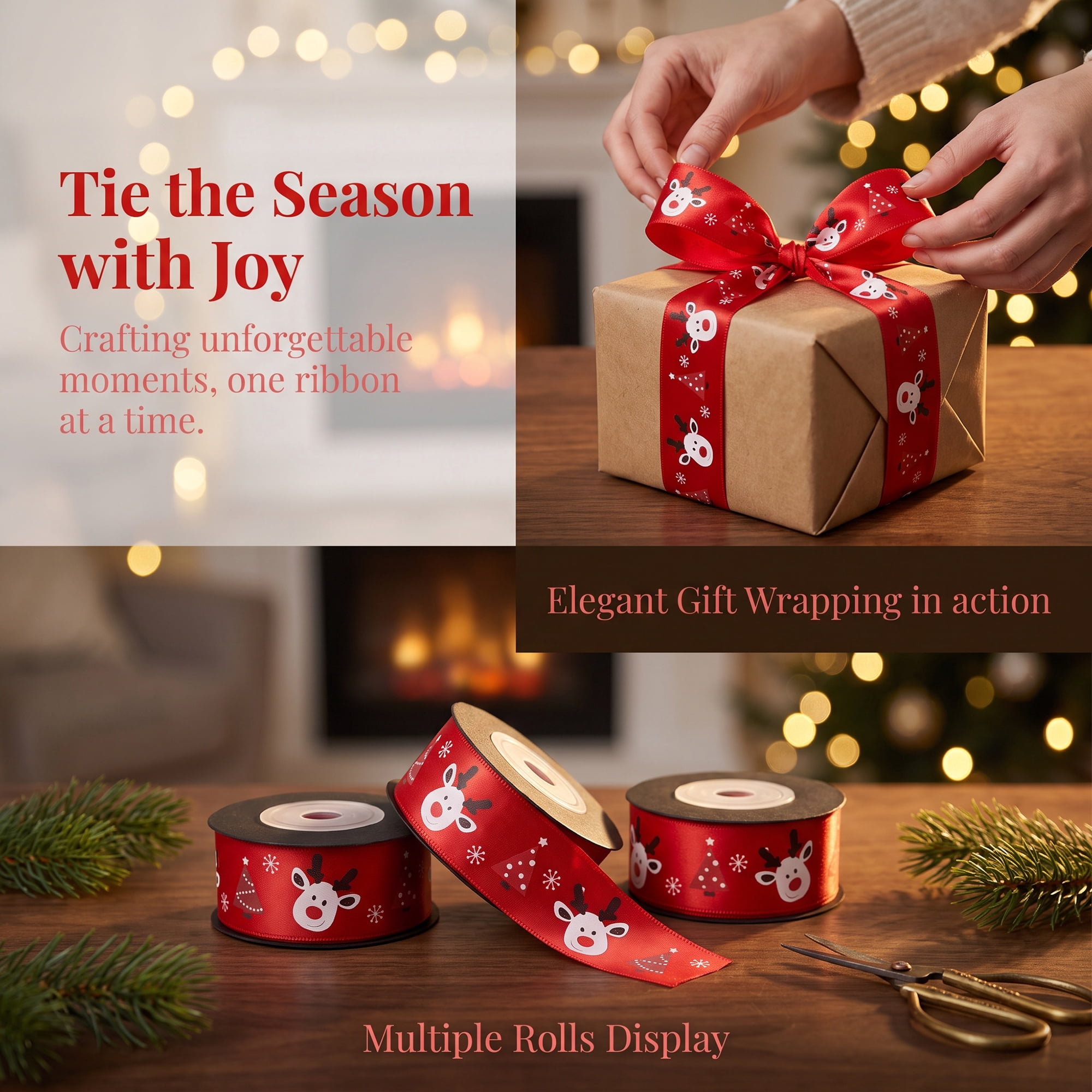 Unique Bargains Premium Fabric Ribbon for Gift Wrapping Red Reindeer Pattern 5.5 Yard