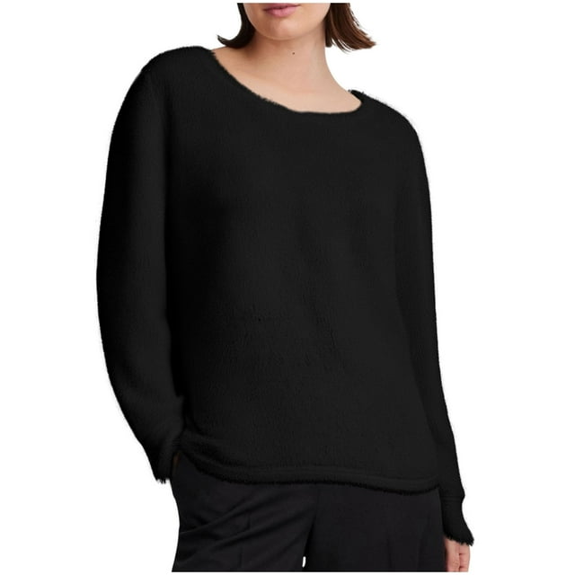 Plus Size Fuzzy Sweater Womens Winter Fluffy Pullover Jumper Sweaters Cute Loose Crewneck Fall Warm Tops Black, S