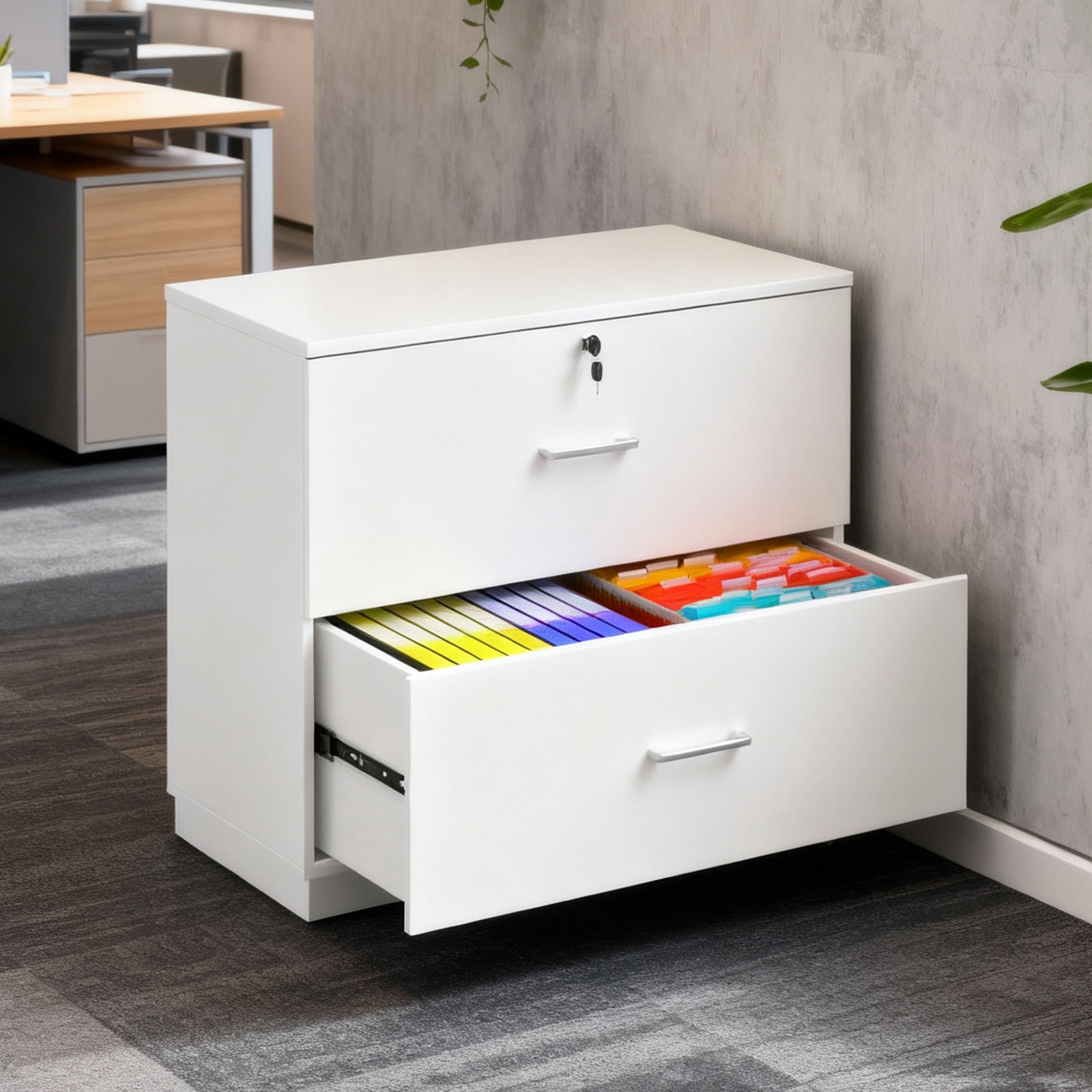 Ktaxon Wood 2 Drawer File Cabinet with Lock, Lateral  Lockable Wood Filing Cabinet for Home Office, Printer Stand with Drawers, Fits Letter, Legal & A4 Files, White