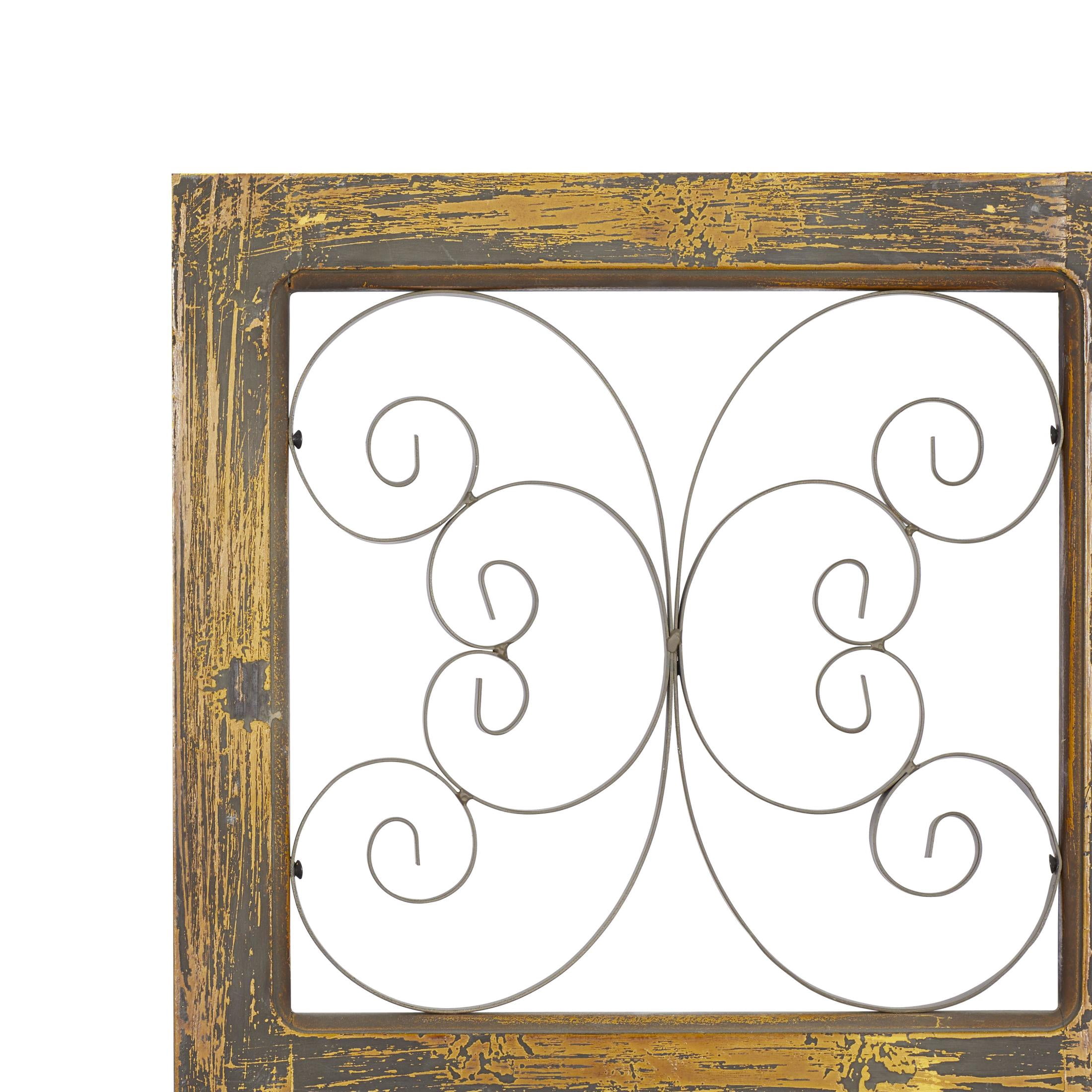 DecMode Brown Wood Distressed Panel Scroll Wall Decor with Bronze Metal Scrollwork