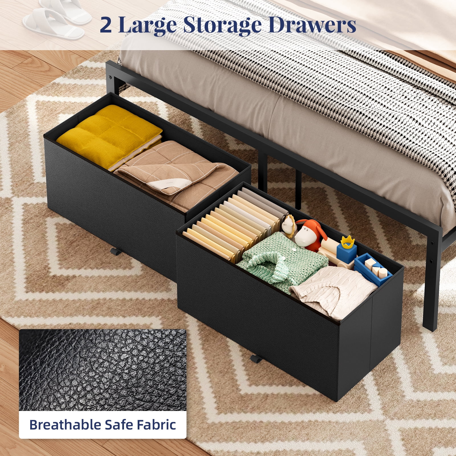 Fairy Full Size Bed Frame with Storage Headboard, LED Lights and Charging Station, Metal Platform Bed with 2 Drawers, No Box Spring Required, Black