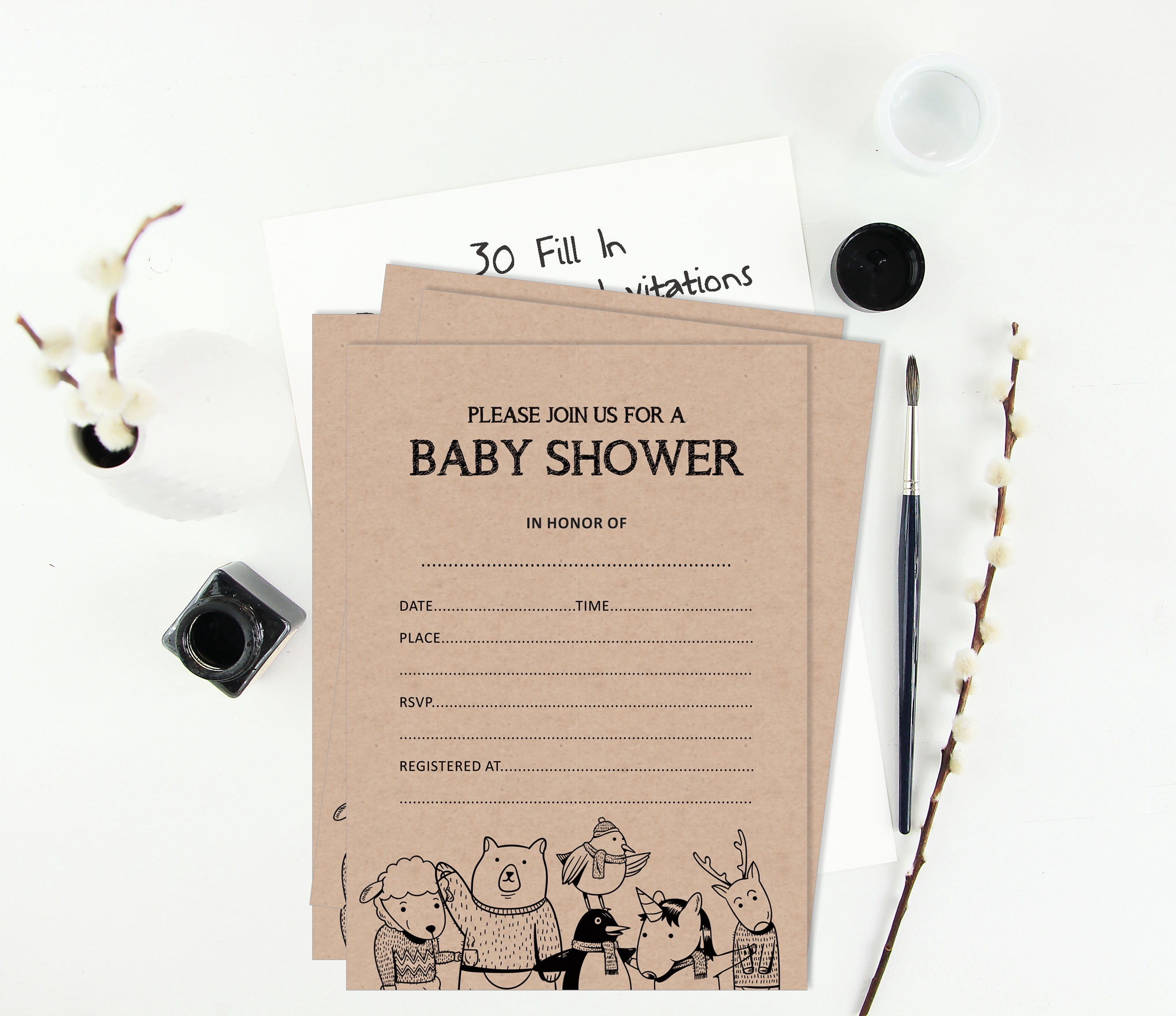 Inkdotpot 30Jungle Animals Baby Shower Rustic Invitation Cards Gender Neutral Fill In Blank Invites