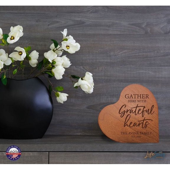 LifeSong Milestones Engraved Wooden Heart Block_Gather Here With Grateful