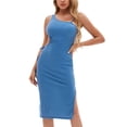 thumbnail image 2 of VISgogo Vestido a media pierna con tirantes y un solo hombro para mujer, vestido ajustado con dobladillo recortado y elástico alto de color sólido para fiesta VISgogo  moda, 2 of 9