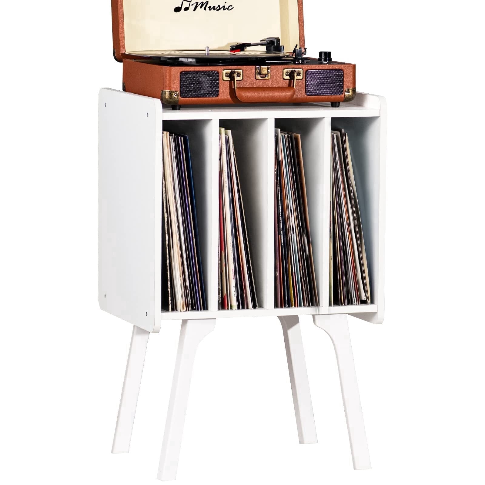 LELELINKY Record Player Stand with 4 Storage Compartments Holds 100 Albums, Mid-Century Turntable Cabinet with Wood Legs for Bedroom, White