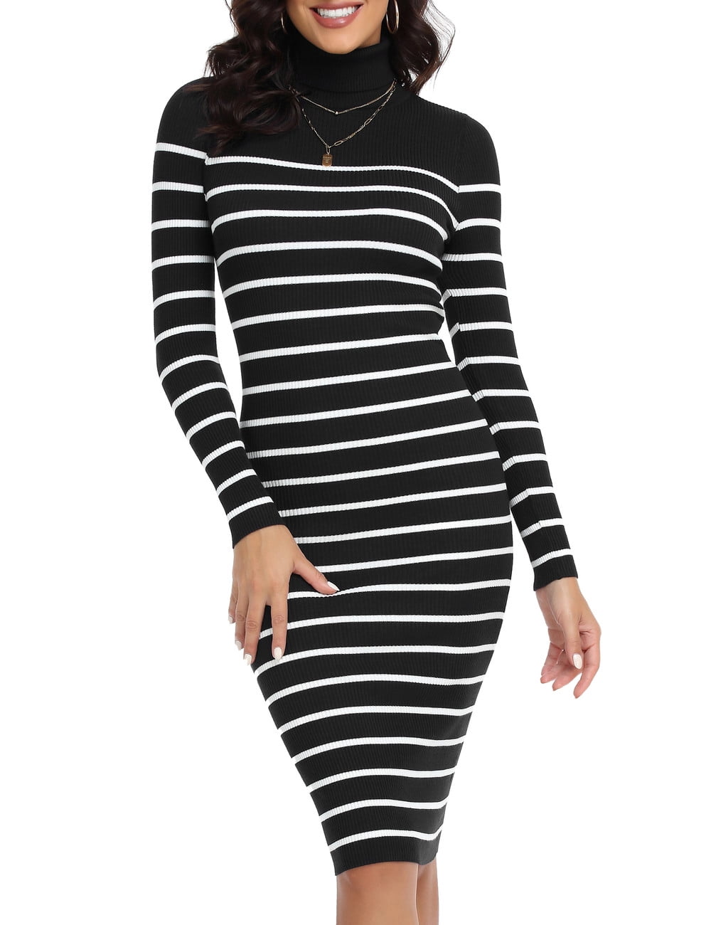 PrettyGuide Women's Turtleneck Sweater Dress Long Sleeve Ribbed Knit Stretch Midi Bodycon