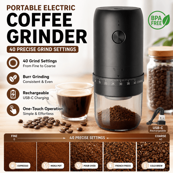YDLW Rechargeable Electric Coffee Grinder with 40 Grind Settings, Portable Coffee Bean Grinder for Home, Office & Camping, Frosted Body
