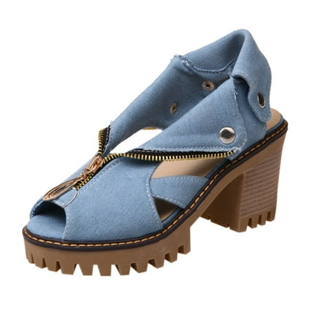 

Penkiiy Women s Cuffed Denim High Heel Sandals Thick Platform Fish Mouth Casual Shoes