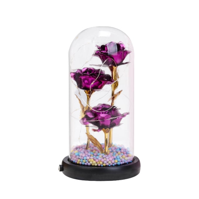 Fiudx Ofertas relámpago Adornos decorativos con forma de flor de lámina dorada con tres luces LED y cubierta de cristal para regalo de cumpleaños y San Valentín