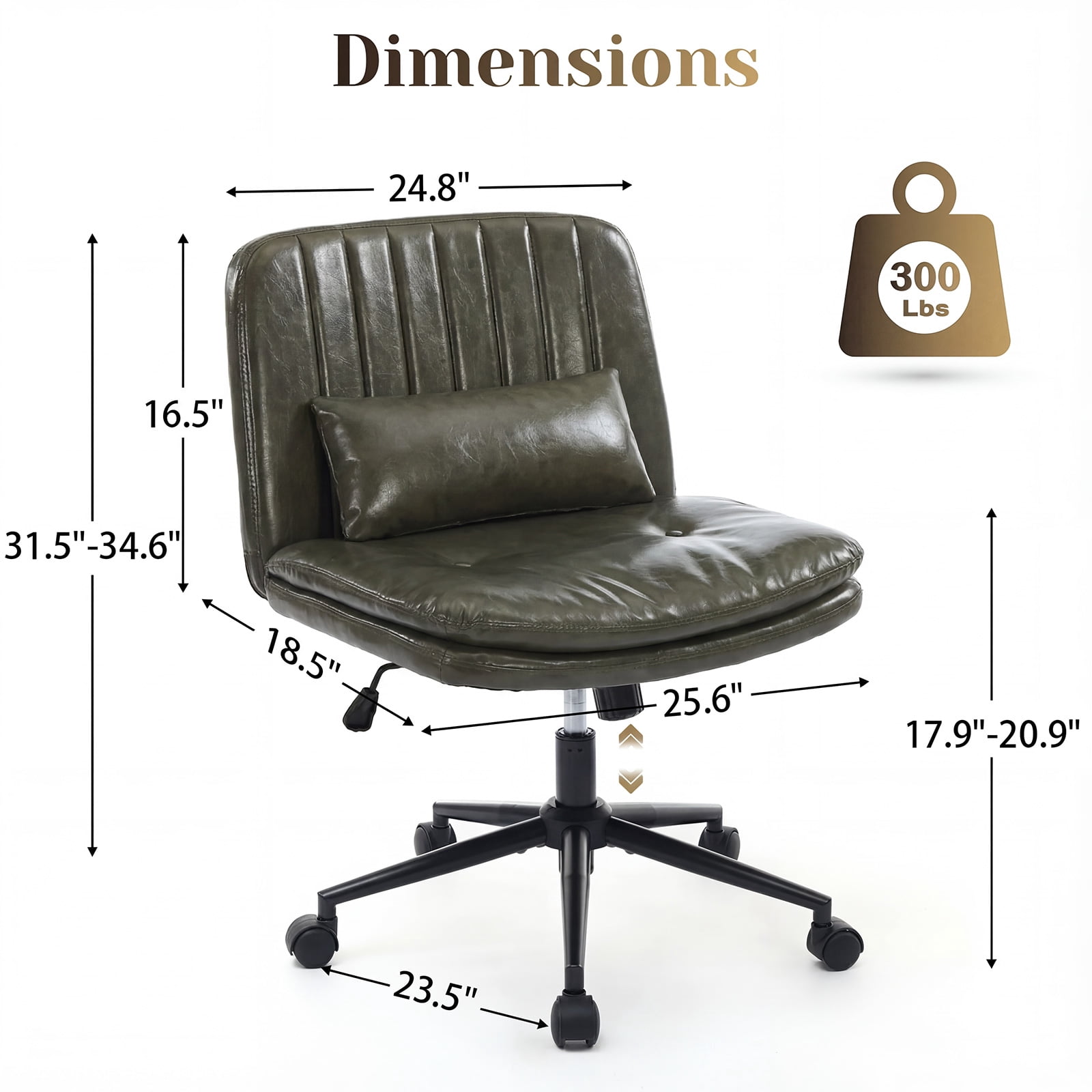 IPKIG Small Armless Criss Cross Chair, Adjustable Swivel PU Leather Office Desk Chair with Lumbar Support Pillow for Home, Makeup Vanity, Green