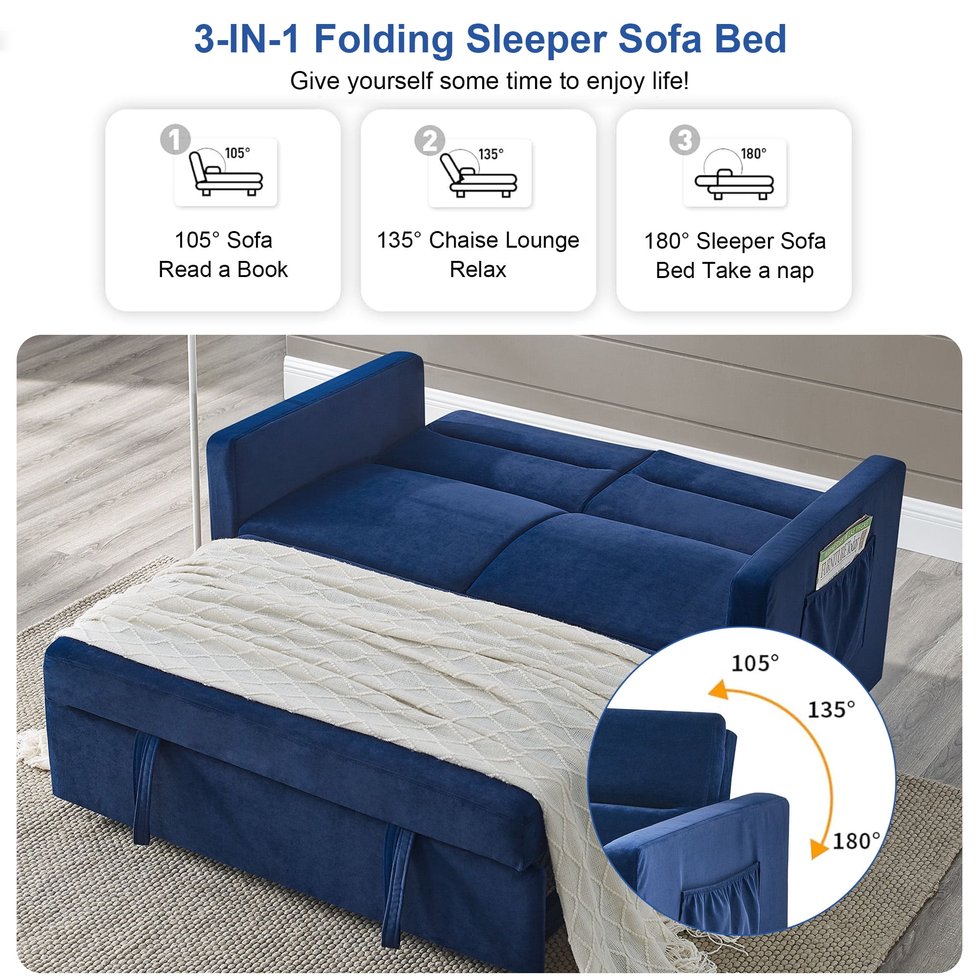 DEALTOPS Convertible Pull Out Sofa Bed, Adjustable Loveseat Sleeper with Side Pockets, Blue