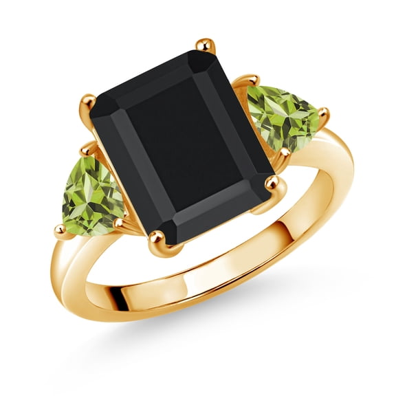 Gem Stone King 18K Yellow Gold Plated Silver Black Onyx and Green Peridot 3 Stone Ring for Women (6.73 Cttw, Octagon 12X10MM, Trillion 5X5MM, Gemstone December Birthstone, Size 7)
