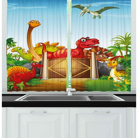 Dinosaur Illustrations (Kids Curtains 2 Panels Set, Cartoon Style Cute Dinosaurs in a Dino Park Jungle Trees Wildlife Habitat Illustration, Window Drapes for Living Room Bedroom, 55W X 39L Inches, Multicolor, by)