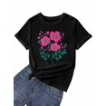 thumbnail image 7 of Women's T-Shirt Simple Cartoon Pink Flower Green Leaf Short Sleeve Casual Tee Classic Crew Neck T Shirt for Women Black, M, 7 of 7