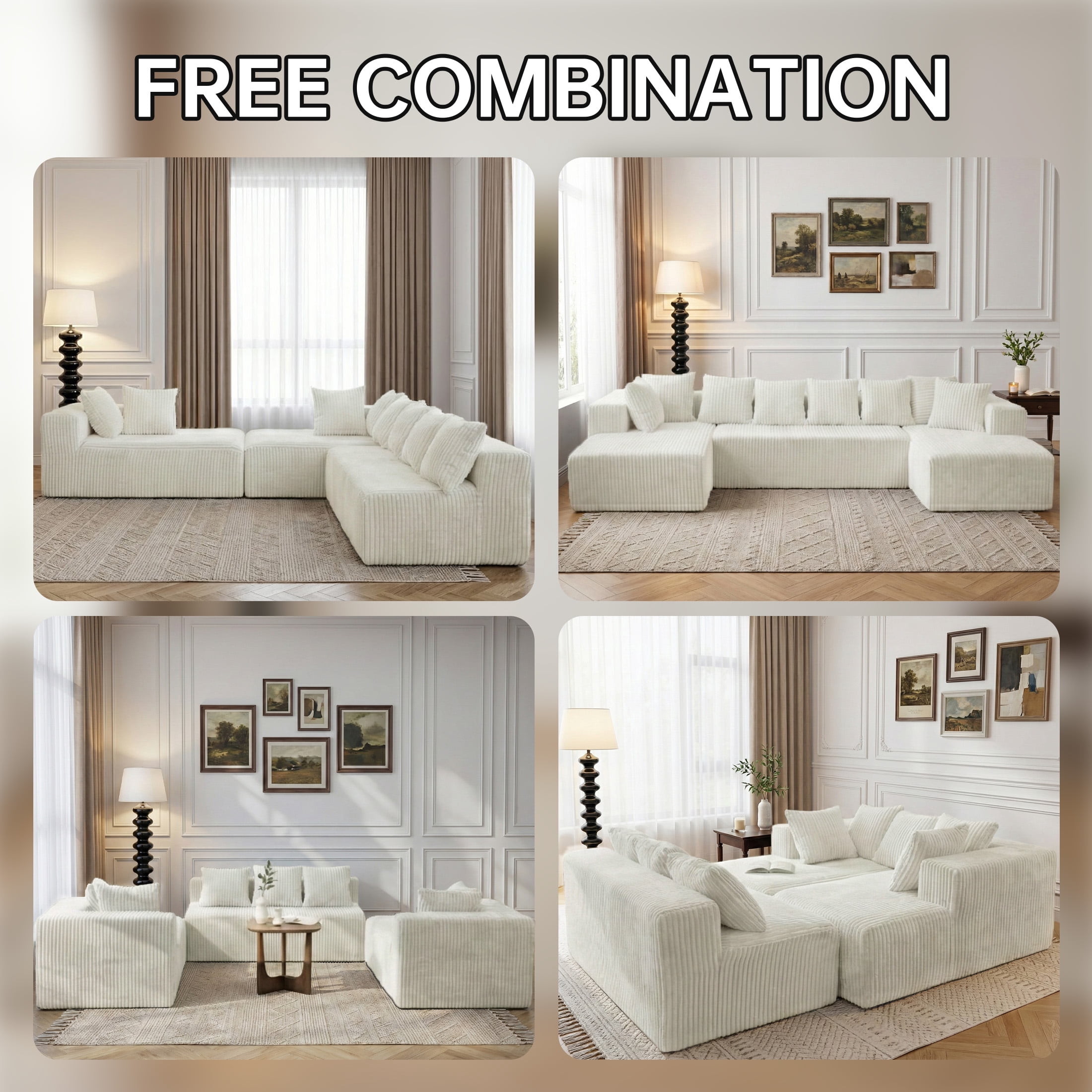 SOULART 130" White U L-Shaped Modular Cloud Couch, Sectional Sofa with Chaise – No Assembly, 5-Seater, Corduroy ，Boneless Sofa,