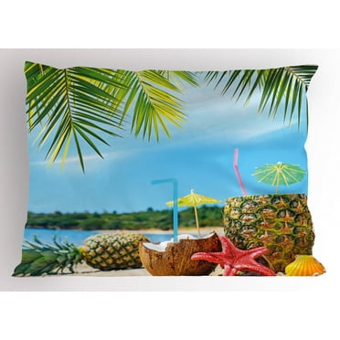 Ambesonne Beach Pillow Sham, Coconut Pineapple Summer, 26" X 20", Blue Green Brown