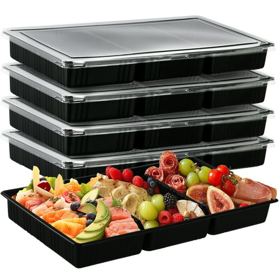 5 Pack Extra Large Divided Catering Trays with Lids 14 x 7.7 x 1.6 Inch Charcuterie Board with Lid
