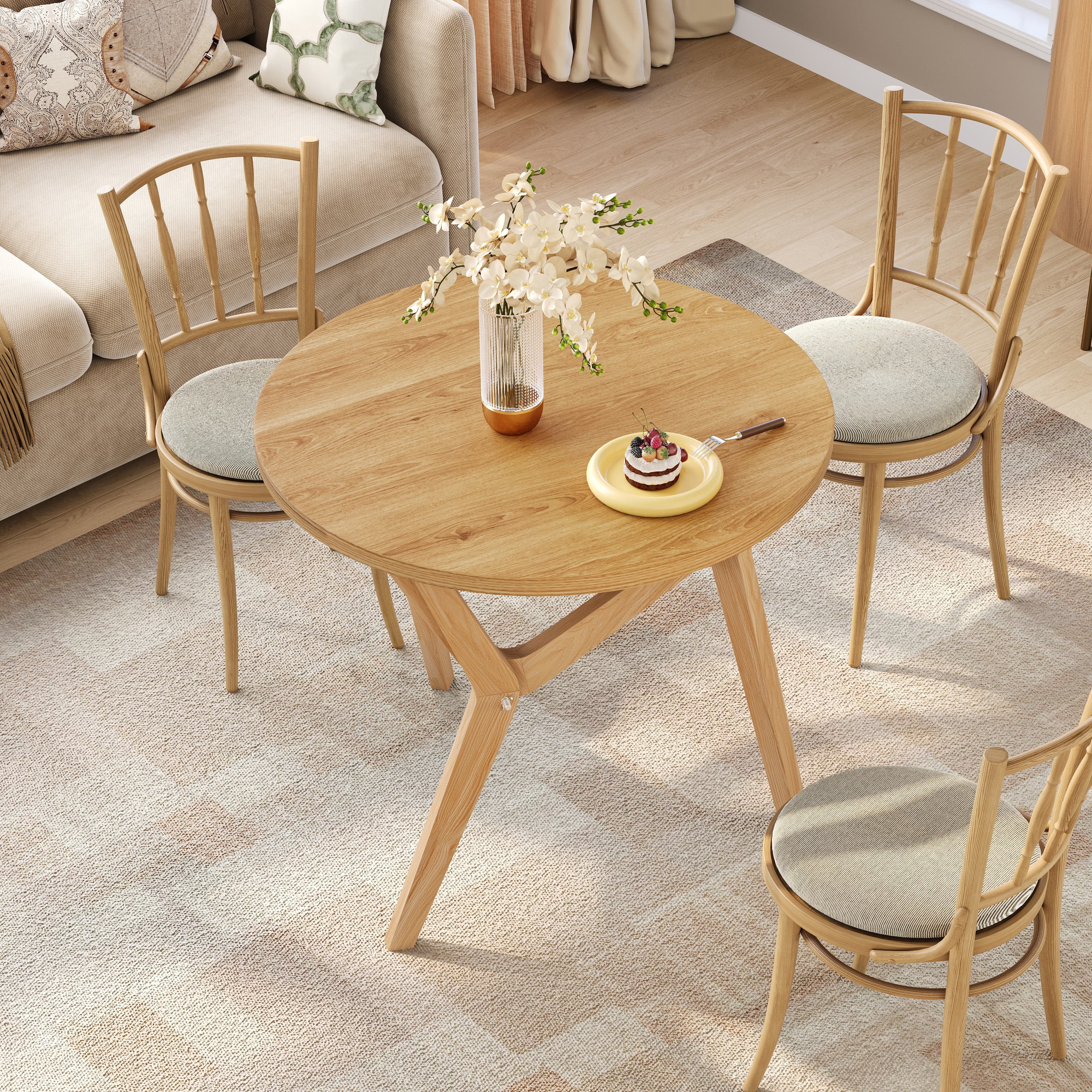 Aukfa 34.5" Convertible Round Dining Table to Coffee Table, Adjustable Height Wood Transformer Table for Small Space, Natural