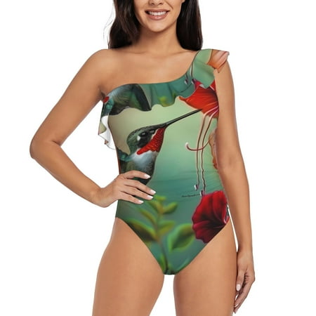 Qokaie Hummingbird Floral Paradise Print Women s One Piece Swimsuits Tummy Control Bathing Suits Asymmetric One Shoulder Swimwear-X-Large