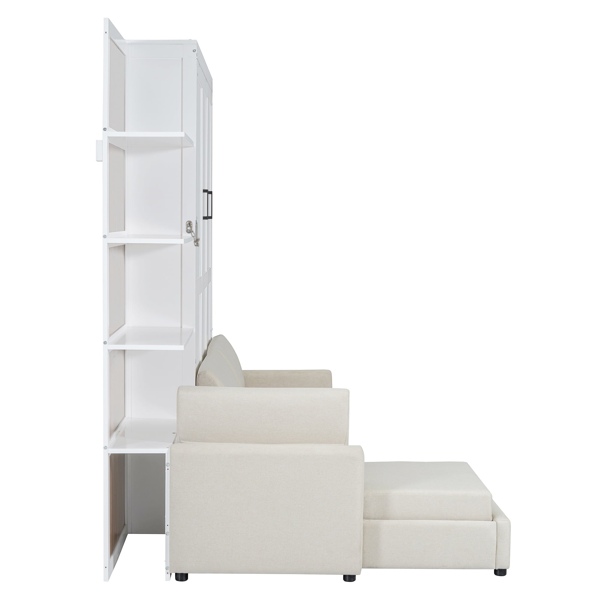Queen Size Murphy Bed with L Shape Sofa and Open Shelves,Space-Saving for Small Space, Guest Room