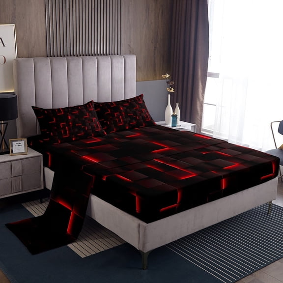 Erosebridal Futuristic Cubes Sheet Set Twin,Plaid Buffalo Bedding Sets Twin Size,Geometric Grid Twin Sheet Sets,Microfiber Gradient Room Decoration,3pcs