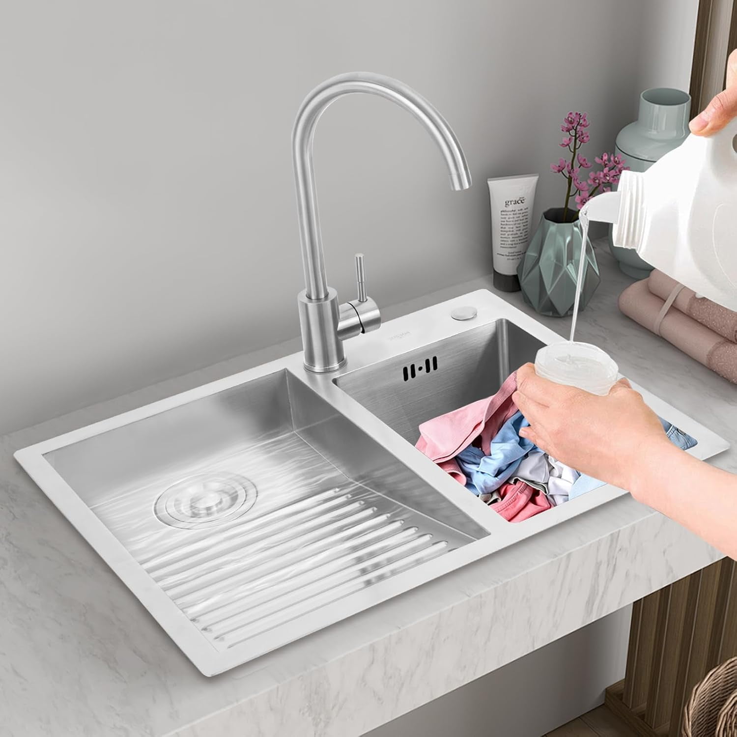 Miumaeov Stainless Steel Laundry Sink with Washboard 2-in-1 In-counter Undermount Utility Sink with Faucet for laundry rooms utility rooms