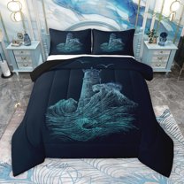 Manfei Teens Navy Lighthouse Full Size Comforter Sets, Nautical Sailing Bedding Comforter Set, Ocean Marine Theme Reversible Bedding Sets, Luxury Bedroom Decor, 3 Pieces