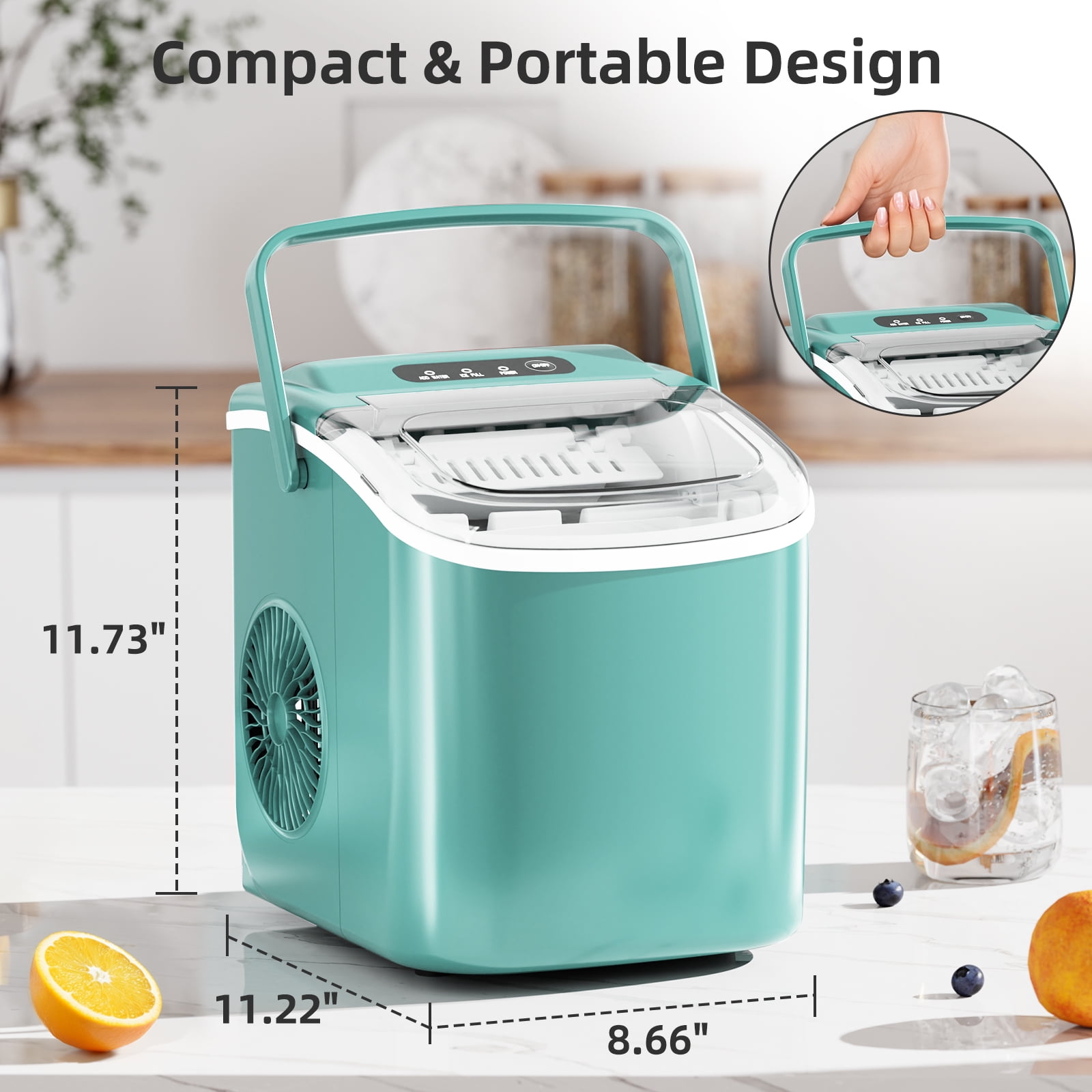 FREE VILLAGE Ice Makers Countertop,Portable Ice Maker Machine with Self-Cleaning,26.5lbs/24Hrs,6 Mins/9 Pcs Bullet Ice,Ice Scoop and Basket,Handheld Ice Maker for Kitchen/Home/Office/Party
