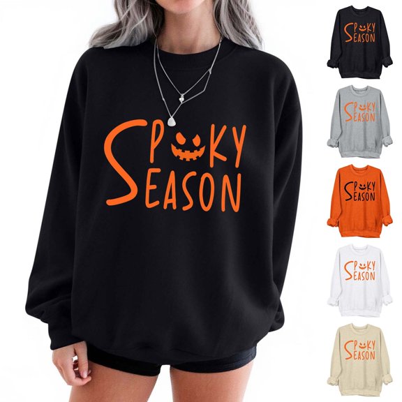 Letter Printed Sweatshirts For Women, Halloween Crewneck Long Sleeve Shirts, Teen Fall Casual Fashion Pullover Tops XS-XL