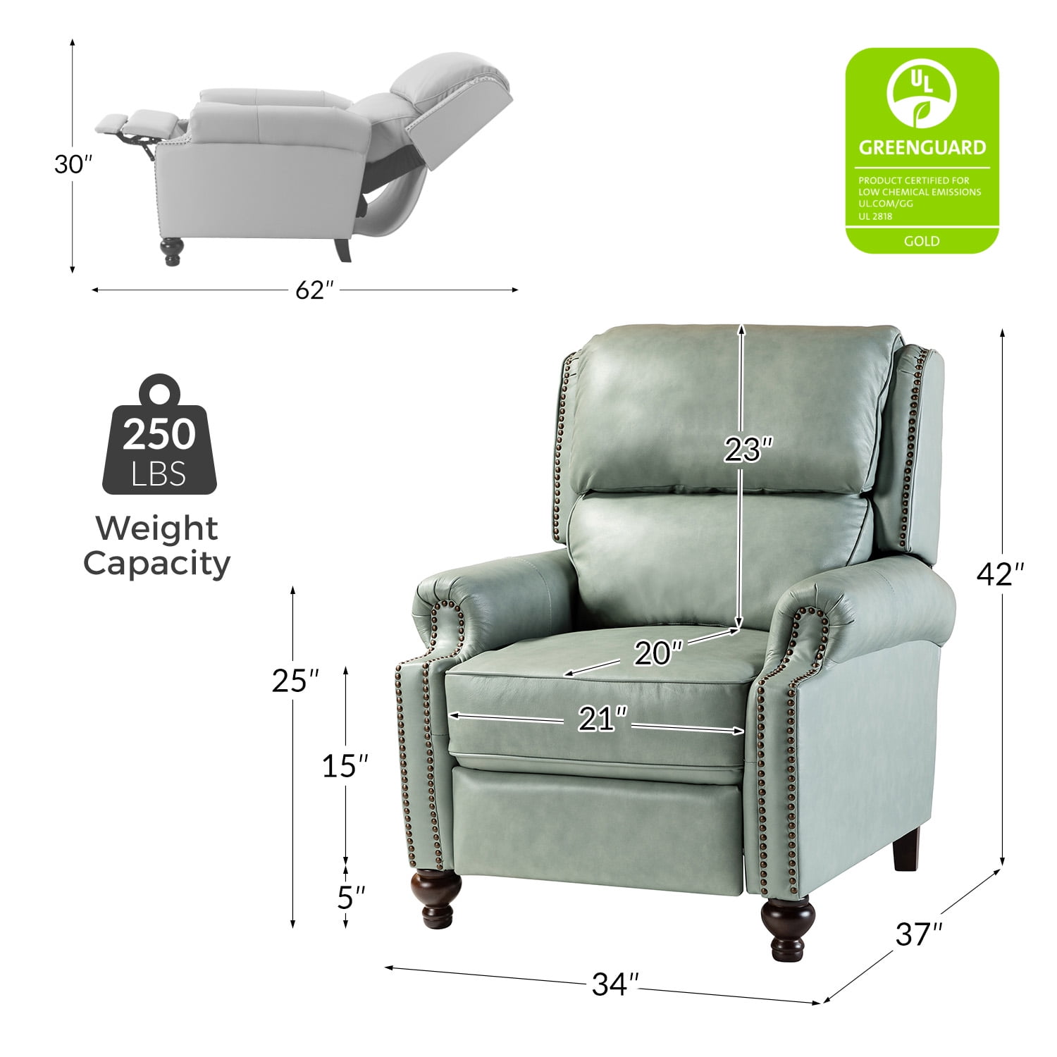 Mid Century Genuine Leather Pushback Recliner Chair with Nailhead Trim Sage