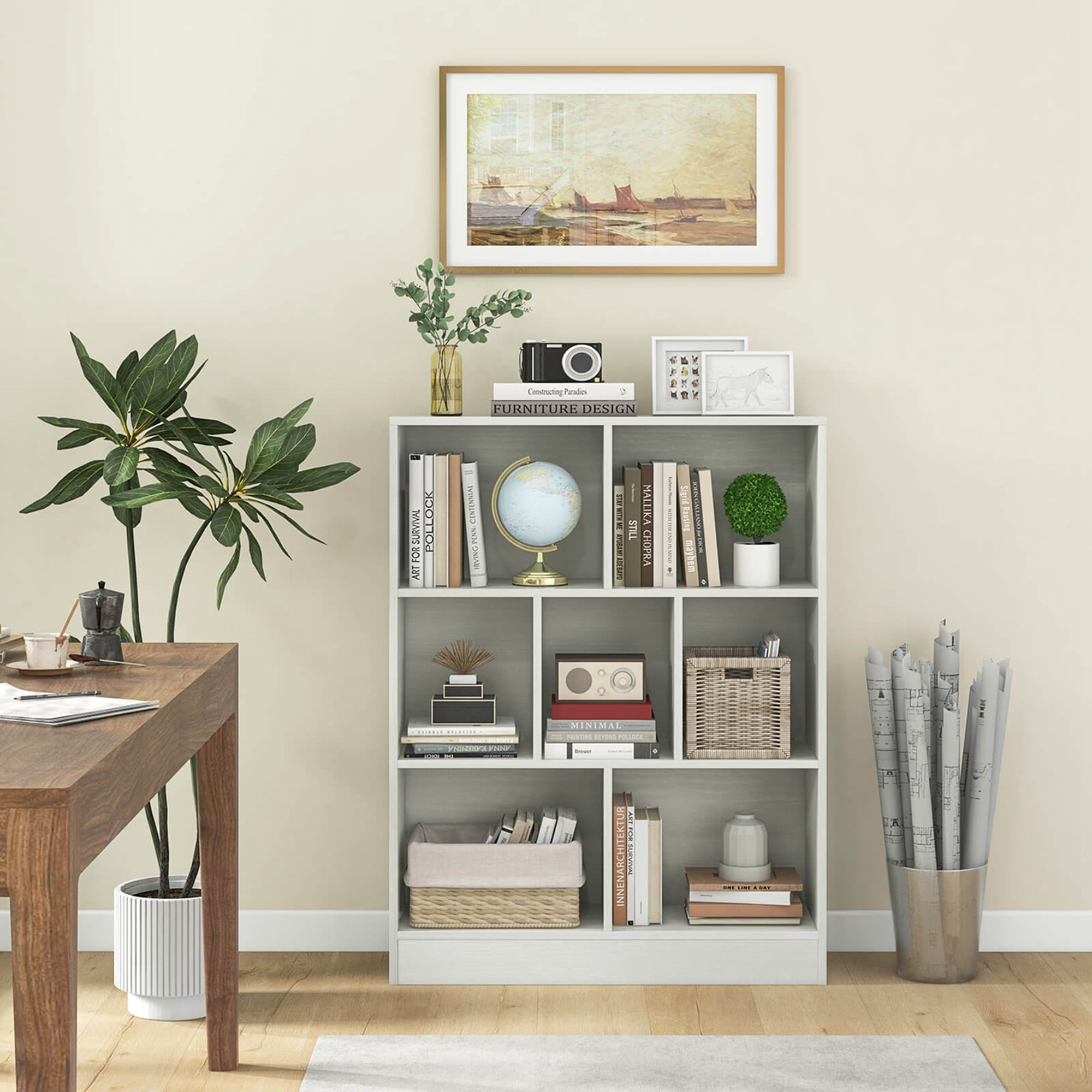 Costway 7-Cube Bookcase for Kids 41" Wooden Toy Storage Organizer Freestanding Bookshelf White
