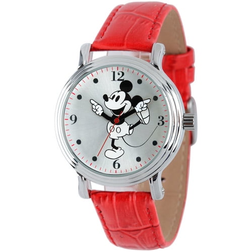 Disney Women's Shinny Silver Vintage Articulating Alloy Case Watch, Red Leather Strap