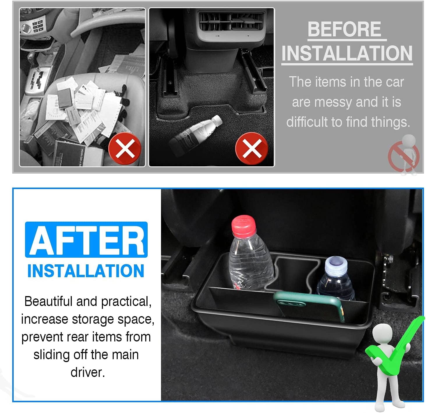 MJMJ Rear Center Console Organizer for Tesla Model Y 2020-2024 2025 Accessories 2nd Row Back Seat Storage Box Under Seat Rear Middle Air Outlet Trash Can Container Bin ABS Black(Not for Juniper)