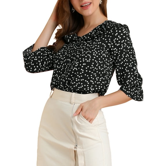 Allegra K Women's Ruffle Lapel Collar Heart Print Button Down Elbow Sleeve Shirt