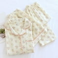 thumbnail image 4 of Wang6 Women's Cotton Pajamas Sets 3 Pieces Soft Long Sleeve Button Shirts Elastic Waist Shorts Wide Leg Pants Loose Fit Floral Printed Sleepwear Loungewear Pjs Sets Pink XXL, 4 of 7