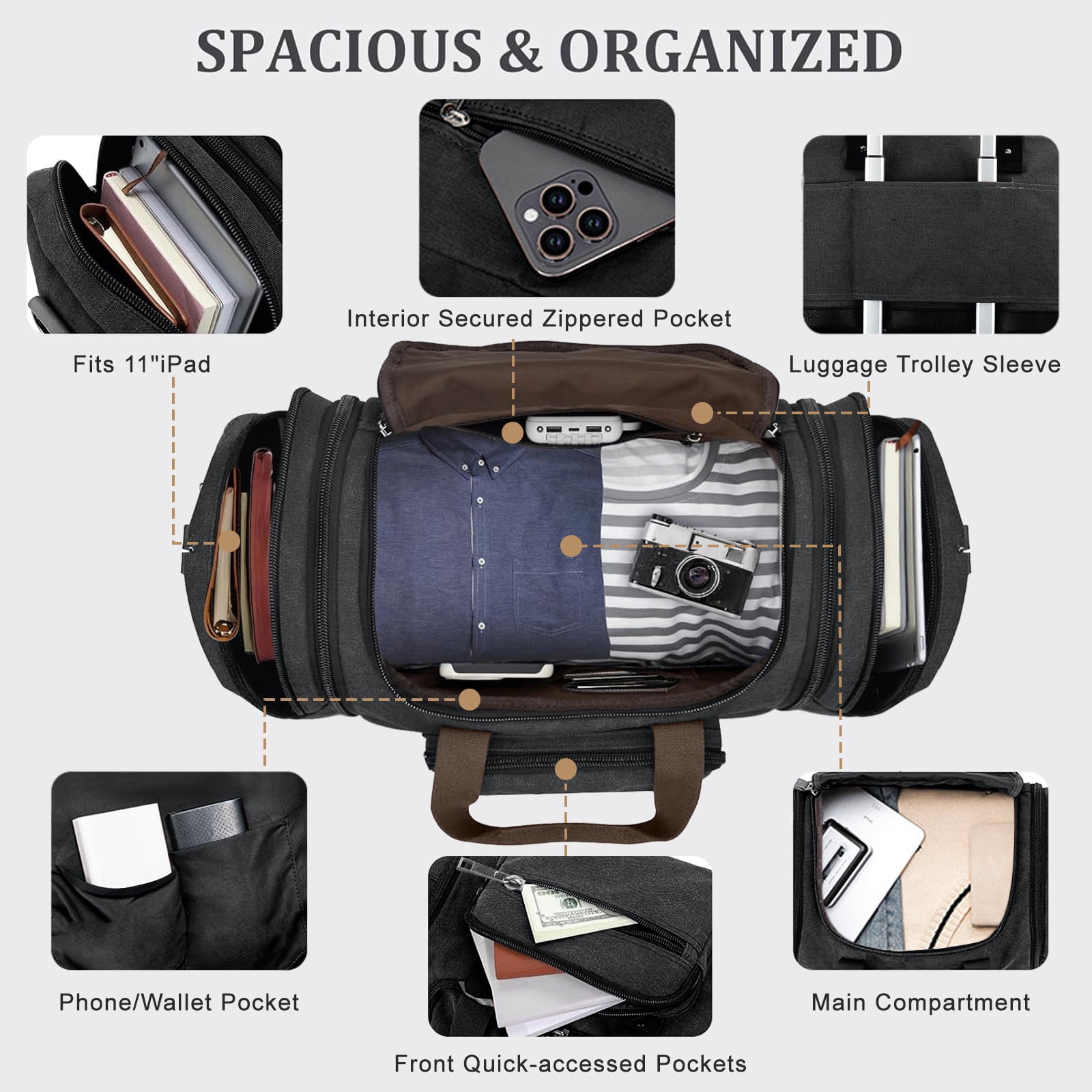Gynky Duffle Bag for Travel Bag 46L Large Expendable Duffle Bags for Men Weekender Bag with Trolly Sleeve for Business Trip Travel Camp Gym, Black