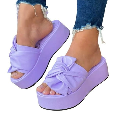 

Women\ s Platform Slippers Sandals Flat Heel Bowknot PU Summer Slide Shoes