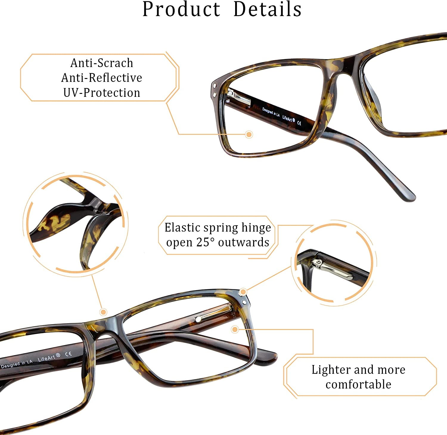 LifeArt Anti-Glare Blue Light Blocking Reading Glasses (Square Frame, +0.25 Magnification)