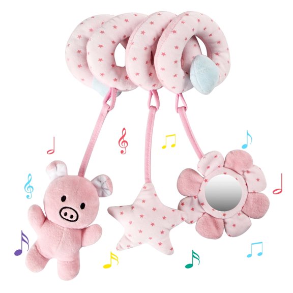 RoamReady Baby Car Seat Hanging Spiral Plush Toy with Squeaker and Rattle for Infant Crib or Stroller, Pink