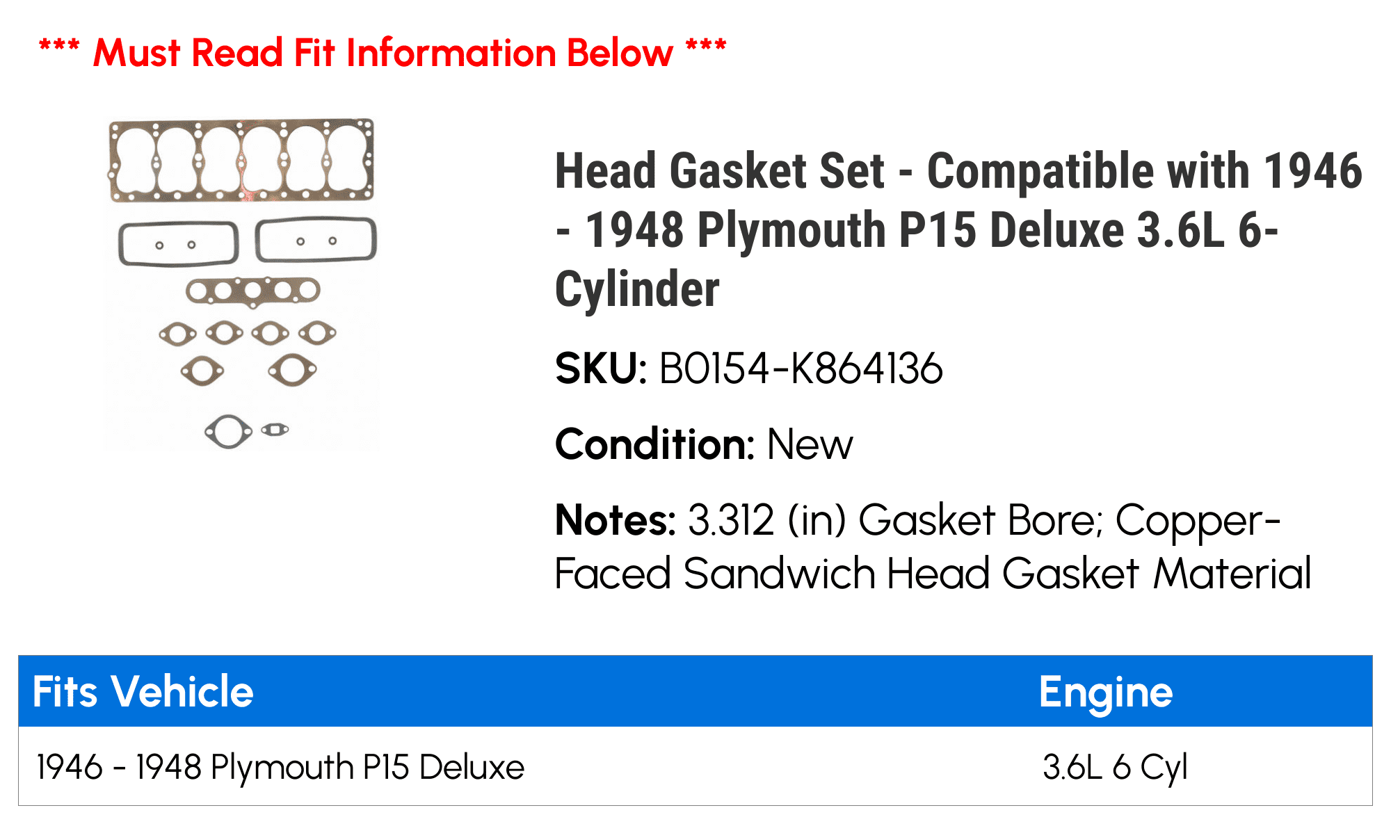 Head Gasket Set Compatible with 1946 1948 Plymouth P15 Deluxe 3.6L 6- Cylinder 1947