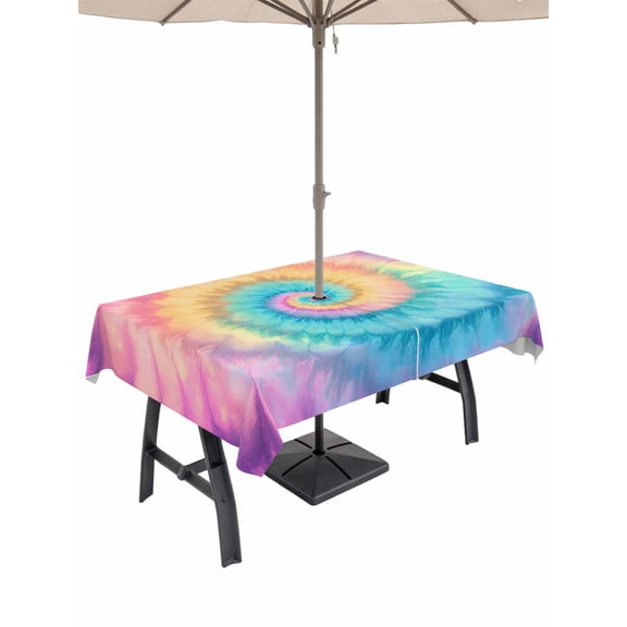 Outdoor Tablecloth with Umbrella Hole, Colorful Tie Dye Spillproof Waterproof Outdoor Table Cover, Rainbow Ombre Abstract Pattern Art Patio Tablecloths for Party Picnic Camping, Rectangle 52"x70"