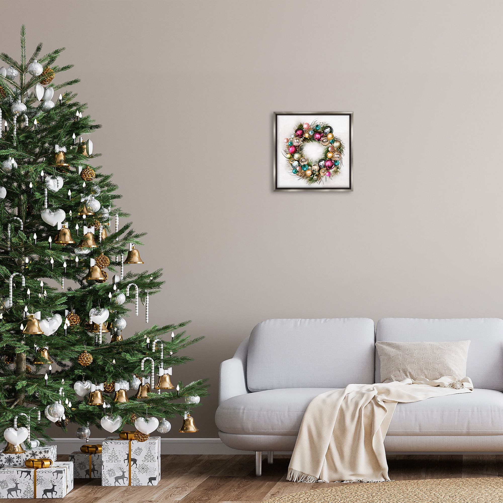 Stupell Industries Festive Ornamental Wreath Holiday Painting Gray Floater Framed Canvas Art Print Wall Art, 18 x 18