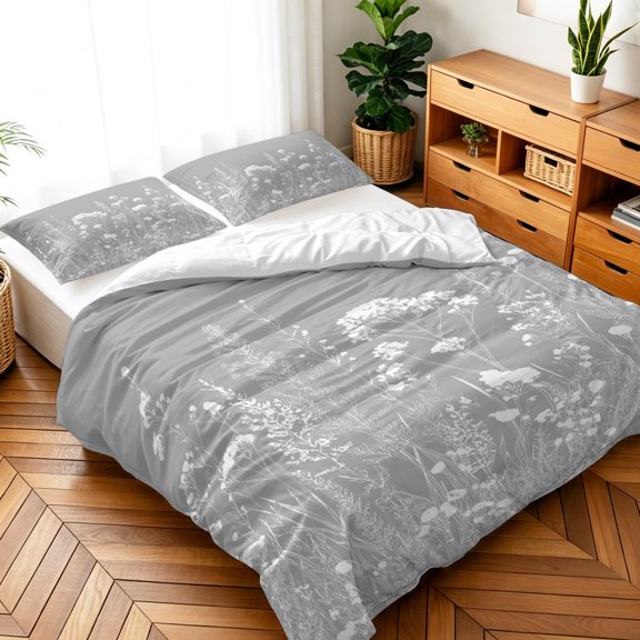 Duvet Cover Set Queen Size Grey Wildflower Comforter Sets 3 Pieces, Botanical Farmhouse Field Floral Bedding Set with Zipper Closure and 2 Pillow Cases, Soft Bed Covers Bedroom Decor