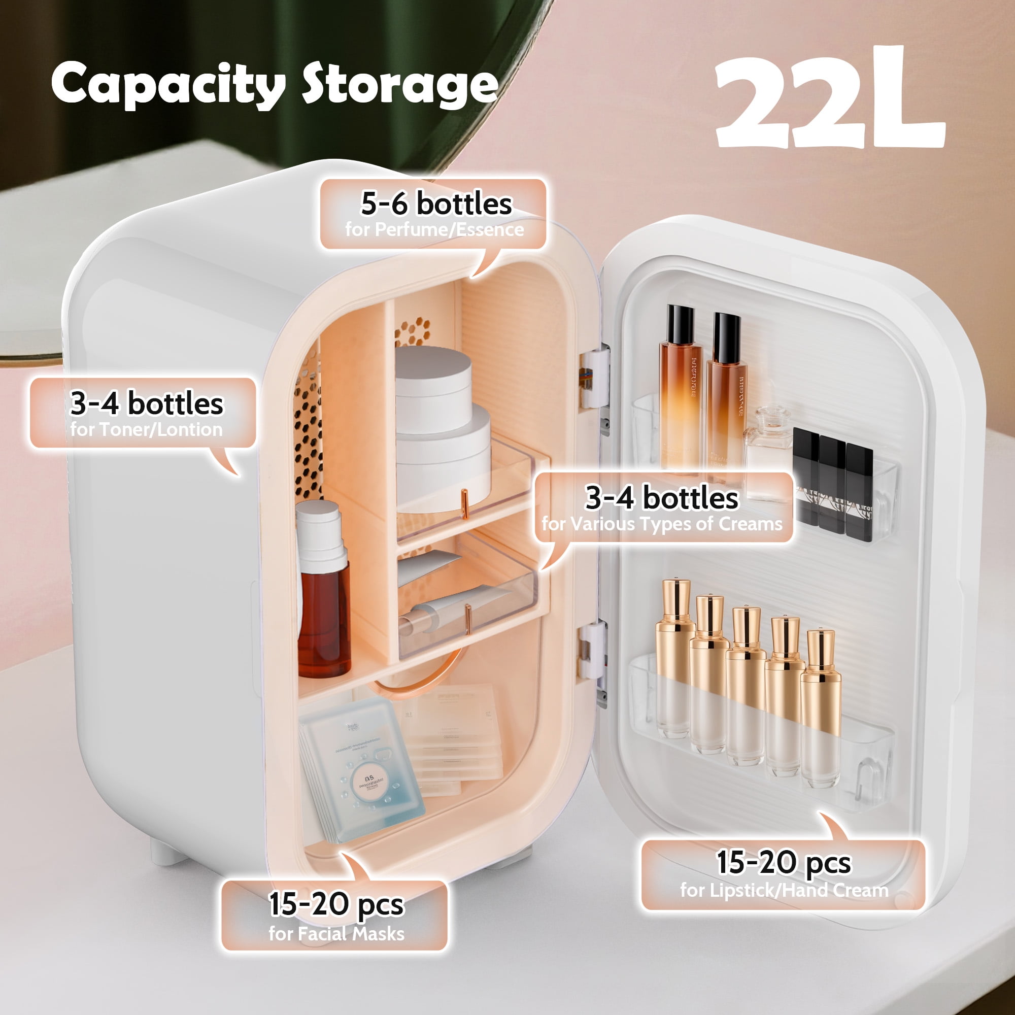 Advwin 22L Mini Skincare Fridge with Mirror, Personal Beauty Makeup Cosmetics Small Refrigerator for Bedroom, Dorm, White