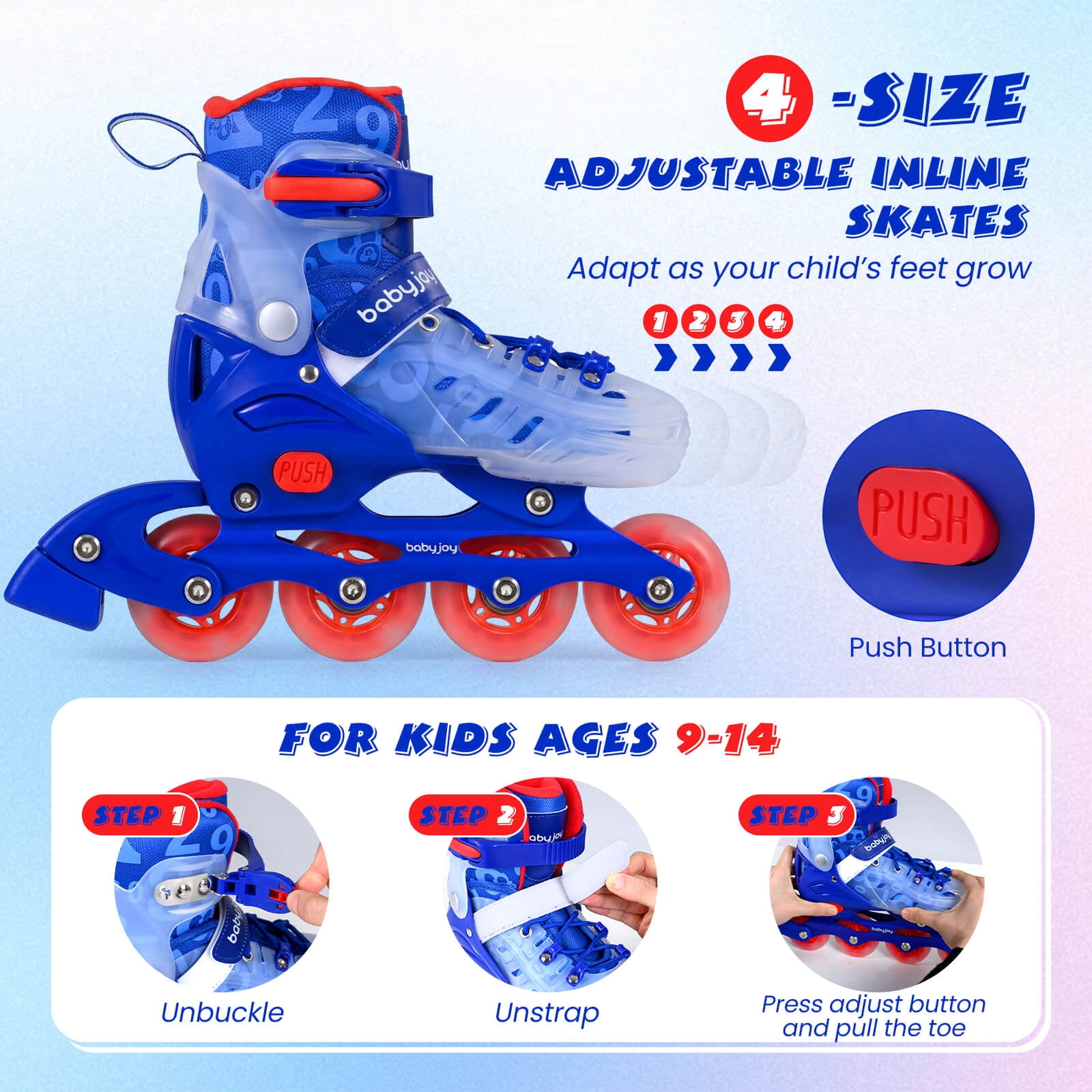 Babyjoy Kids Inline Skates for Boys Girls, 4-Size Adjustable Illuminating Roller Skates Blue